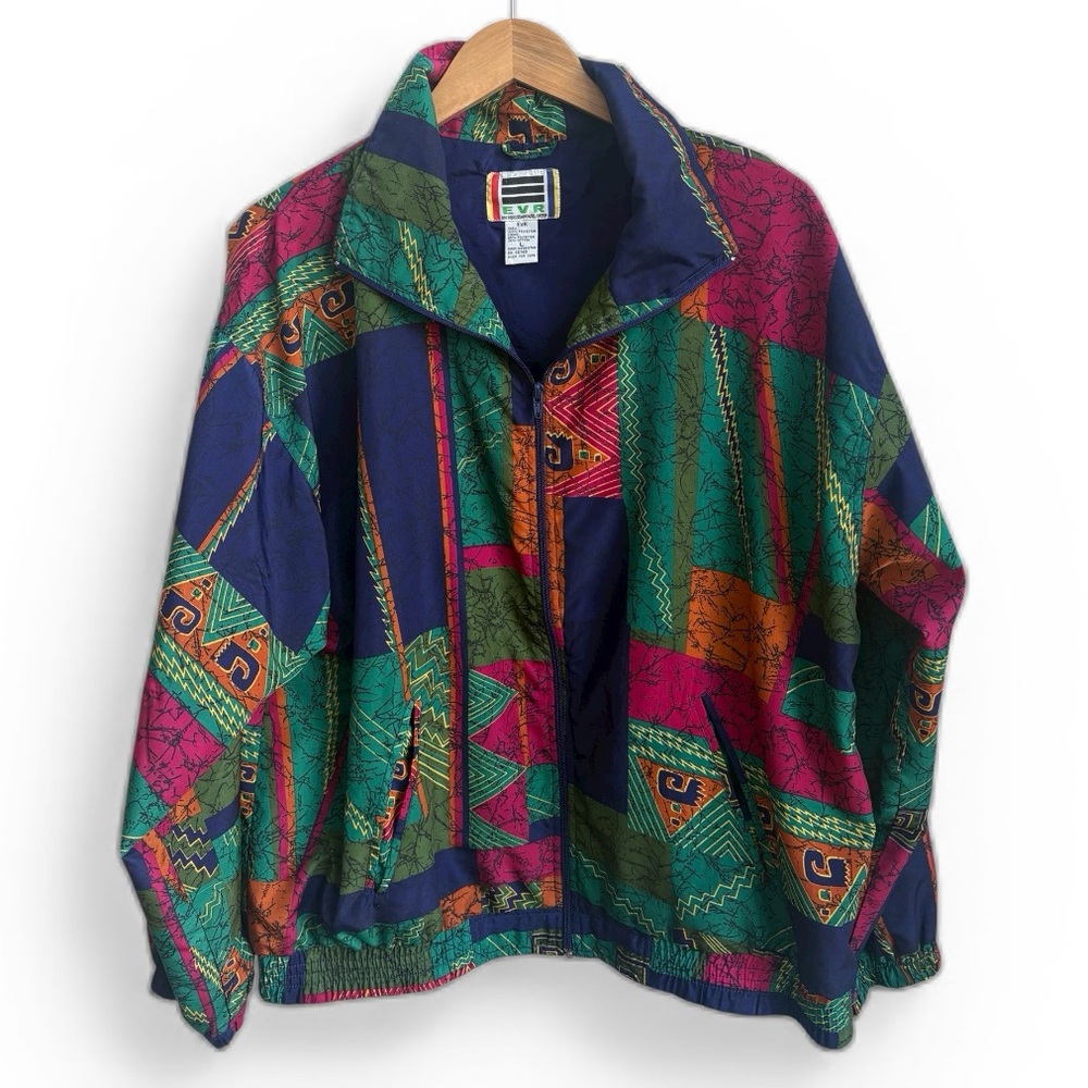 Vintage 90s EVR Colorblock Windbreaker Jacket Abstract Geometric Zip Up LARGE